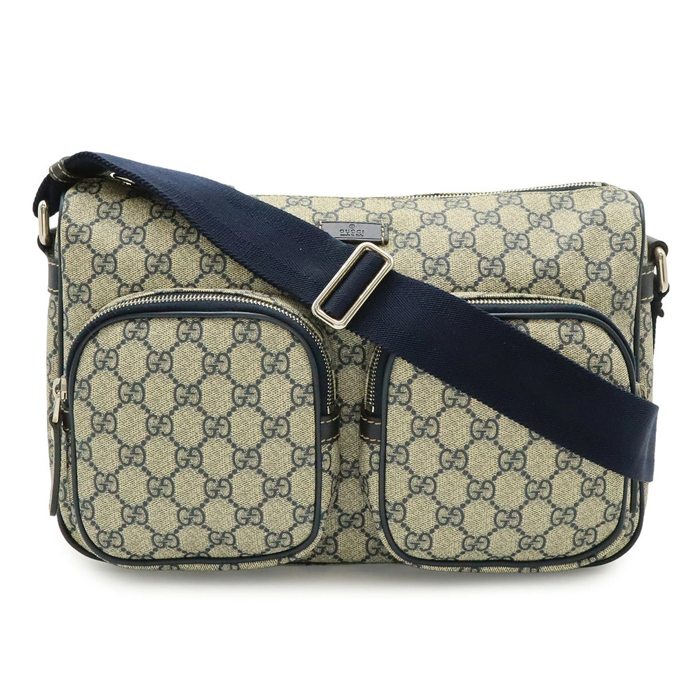 Gucci GG Supreme Plus Shoulder Bag Messenger Leather Beige Cream Navy Blue
